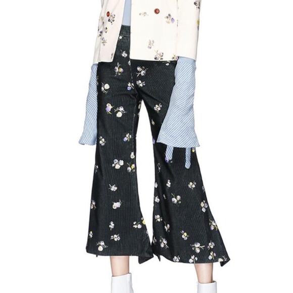 ACNE STUDIOS Floral-Print Cotton-Corduroy Kick-Flare Pants Navy Blue Size US 2 - Picture 1 of 10